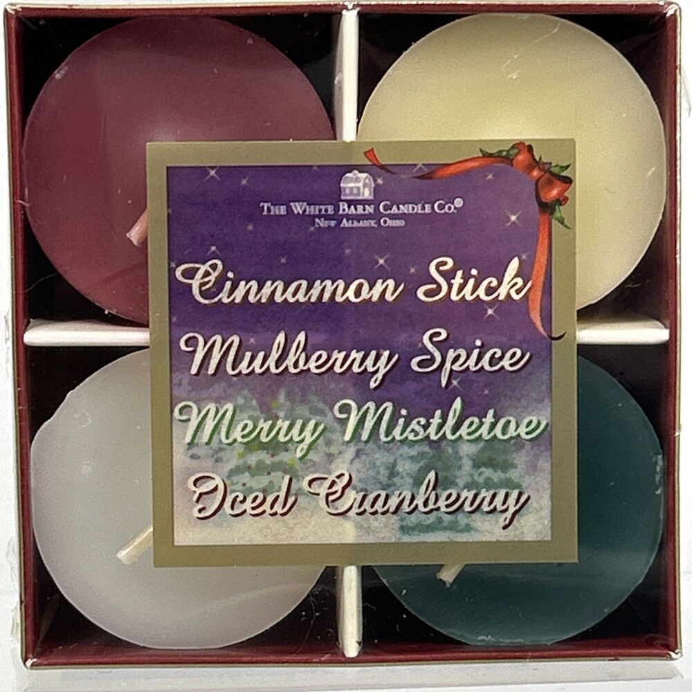 4 White Barn Candle Votive Christmas Winter Garden Cinnamon Spice Cran Mulberry